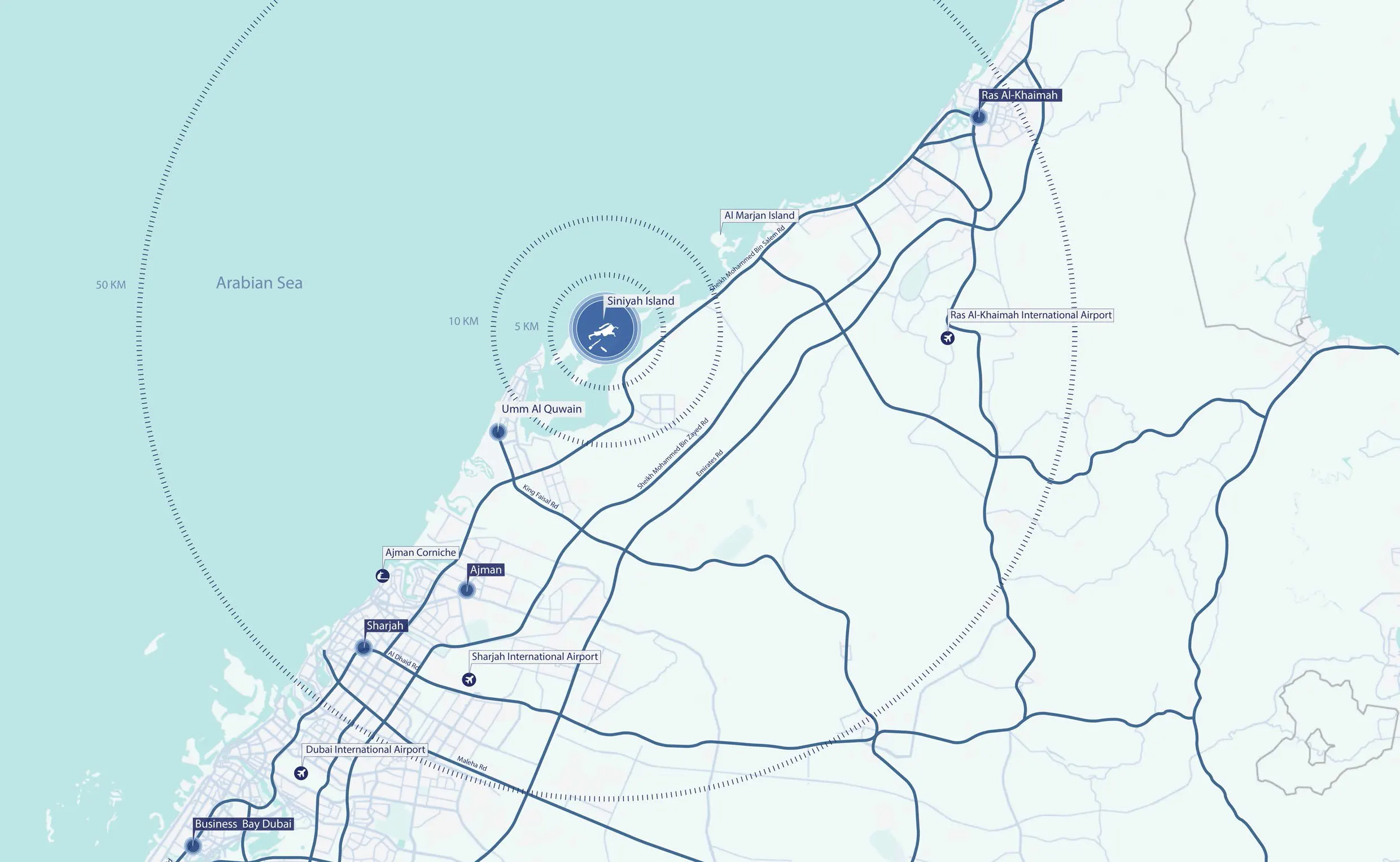 Sobha Siniya Island location map showing connectivity to Dubai, Sharjah and Al Marjan Island